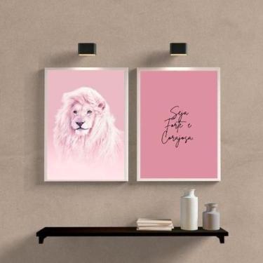 Imagem de Kit 2 Quadros Leão Rosa 33x24cm - Vidro - Quadros On-Line