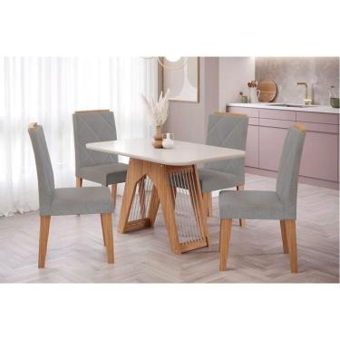 Imagem de Conjunto Mesa De Cozinha Carol Tampo Madeirado Com Vidro 130x80cm E 4 Cadeiras Fernanda Madeirado Linho Grafite Cimol
