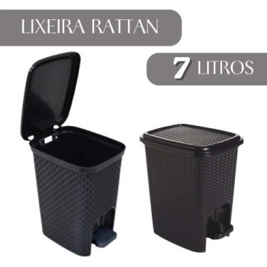 Imagem de Lixeira Pedal 7 Litros Rattan Preta Plástico Banheiro Cesto Escritório