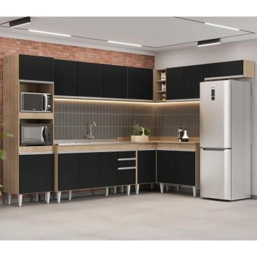 Imagem de Armário De Cozinha Modulada De Canto 8 Peças Cp09 Balcão Com Pia Inox Castanho/preto - Lumil