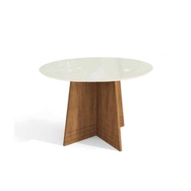 Imagem de Mesa p/ Cozinha Lótus c/ Tampo Madeirado c/ Vidro 105x105cm Freijó/Off