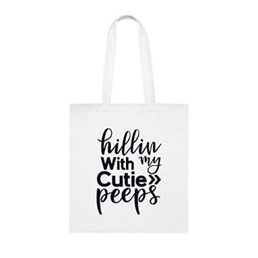 Imagem de Bolsa Hillin With My Cutie Peeps, presente divertido, bolsa de ombro, bolsas reutilizáveis, ideia de presente de cesta de Natal de aniversário, Branco