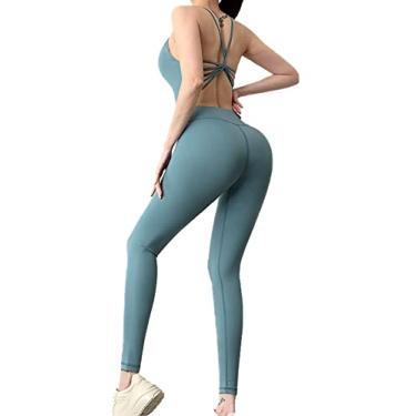 Imagem de Yajun Macacão esportivo cruzado nas costas sem costura conjunto de ioga para dança fitness esportivo para mulheres academia corrida treino traje atlético, azul, G (63 kg)