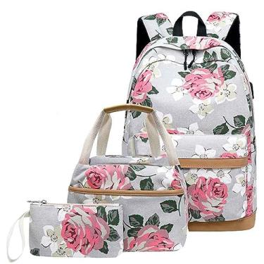 Imagem de Mochila infantil com rodas floral mochila escolar com porta de carregamento USB 3 peças lancheira, Cinza, One Size, Mochilas
