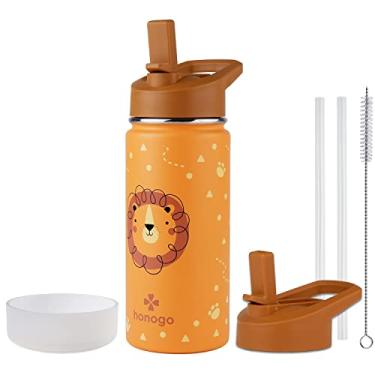 Imagem de honogo Garrafa de água infantil isolada de aço inoxidável de 473 ml, frasco térmico de metal à prova de vazamento com tampa de palha, copo infantil fofo para meninas e meninos da escola (leão, laranja