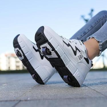 Imagem de Sapatos de patins infantis masculinos e femininos com rodas, patins multifuncionais 2 em 1 com rodas duplas para ginástica ao ar livre, tênis fashion técnico, preto e branco, 39 UE