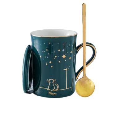 Imagem de KUNVAMUL Conjunto de caneca de café Starry Sky Cat 325 ml, xícaras de cerâmica, colheres, xícaras de café para amantes de gatos (verde)