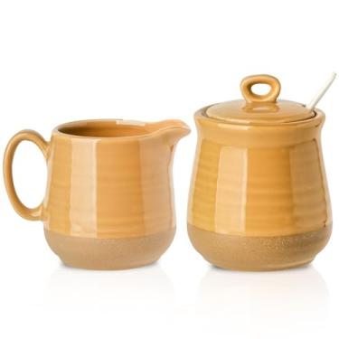 Imagem de Hasense Conjunto de açúcar e creme, açucareiro de 325 ml com tampa e colher, recipiente de creme de 290 ml, conjunto de creme de cerâmica e açúcar para café, lavável na lava-louças, amarelo