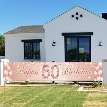 Imagem de Happy 50th Birthday Banner Ouro Rosa Pano de Fundo Balão Tema Confete Decoração Decorações para Mulheres Festa de 50º Aniversário Rosa Festa de Aniversário Cheers to 50 Anos Suprimentos de Festa Aniversário Lembranças de Aniversário Glitter