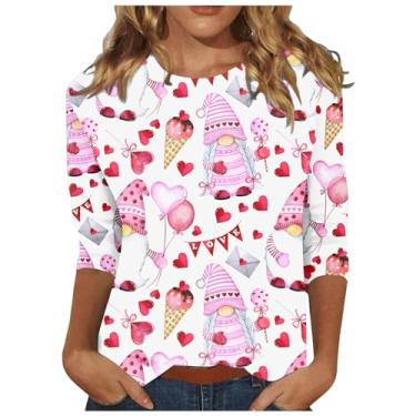Imagem de Camisetas femininas estampadas Love Love Graphic gola redonda manga 3/4 presente para casais, Branco-A, XXG