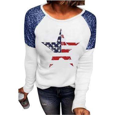 Imagem de Decogiver Camiseta feminina Memorial Day bandeira americana 4 de julho EUA estrelas listras manga longa camisetas patrióticas, Estrela, cinco pontas, branco, azul marinho, XXG