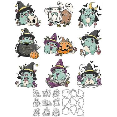 Imagem de Conjunto de moldes de corte de metal com estampa fofa de sapos, bruxa, abóbora, feliz dia das bruxas, carimbos de silicone, molde de faca para artesanato de Halloween