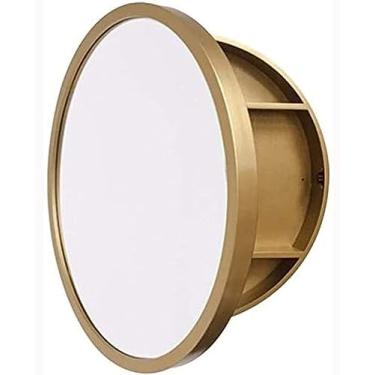 Imagem de Armários de espelho de banheiro de madeira maciça, espelho de parede redondo - espelho de maquiagem com função de armazenamento, espelho deslizante montado na parede de banheiro, espelho gra