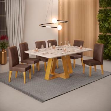 Imagem de Conjunto Sala de Jantar 6 Cadeiras Tampo Curvo Dj Móveis Kiara Cedro Yasmin Veludo Moca