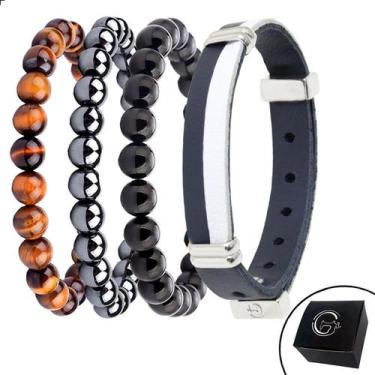 Imagem de Conjunto KIT 04 Pulseiras de Couro Minimalista Branco Azul e Pedras Na