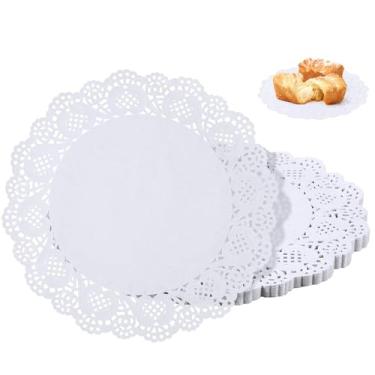 Imagem de 150 peças de papel de renda doilies de 15 cm de renda branca papel descartável de papel redondo para buffet bolo comida frita festa casamento utensílios de mesa, toalhas descartáveis de cozinha e