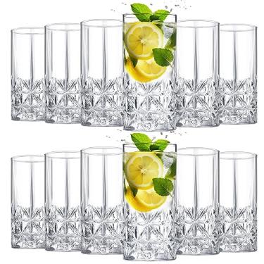 Imagem de Uiifan Conjunto de 12 copos altos altos copos de cristal de 355 ml copos de vidro transparentes extravagantes copos de vidro texturizados vintage para coquetel, chá, água, cerveja, refrigerante, bebidas, laváveis na lava-louças