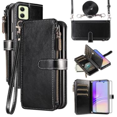Imagem de Asuwish Capa de telefone para Samsung Galaxy A05 com protetor de tela de vidro temperado e cordão com zíper carteira suporte para cartão suporte móvel acessórios de celular de couro Ao5 A 05 mulheres