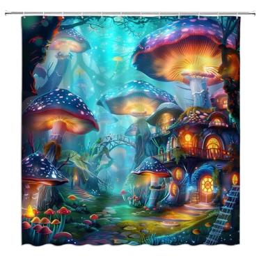 Imagem de MSAYNFG Enchanted Forest Cortina de Chuveiro Casa de Cogumelo Fantasia Mágica Árvores Natureza Cena Noturna Tecido Decoração de Banheiro Conjunto com Ganchos (178 cm L L x 180 A)