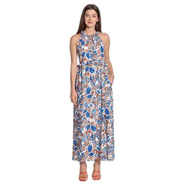 Imagem de Maggy London Maxi feminino com detalhe de babados, Branco macio/azul royal, 46