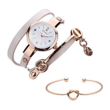 Imagem de Kit Relógio Feminino Dourado Pulseira Branca Com Bracelete - PENDULARI