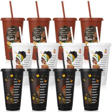 Imagem de Ovveroche 12 peças de copos afro-americanos com tampas e canudos, 680.4 g Black Women Drinking Cups Black Owned Inspirational Gift for Women Lady