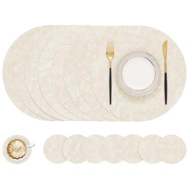 Imagem de Homing Jogo americano redondo de couro sintético e porta-copos conjunto com 8 - tapetes laváveis e resistentes ao calor, tapetes de mesa dupla face limpáveis para ambientes internos e externos,