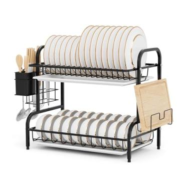 Imagem de Escorredor de Louças Aço Inox Rack Duplo Organizador de Talheres e Pratos Bandeja Escoamento de Água Removível, Preto