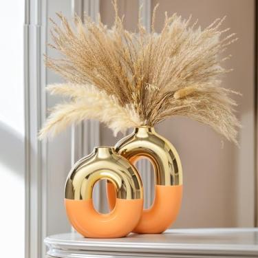 Imagem de Conjunto de vaso de cerâmica laranja e dourado para decoração de casa, vaso redondo de rosquinha para grama dos pampas para decoração de prateleiras, nórdico moderno para estante de livros, lareira
