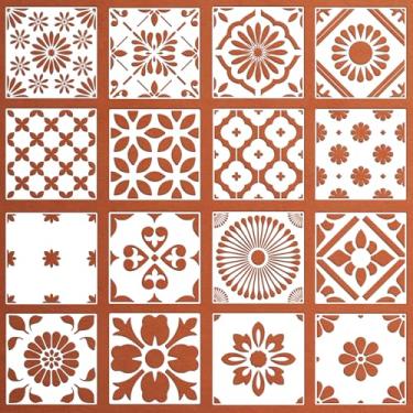 Imagem de Pacote com 16 estênceis de piso de azulejo de parede 20 x 20 cm, estênceis florais geométricos reutilizáveis para pintura em pisos, azulejos, pátio de concreto, varanda frontal, banheiro, renovação de