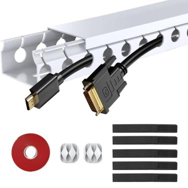 Imagem de ENONCI Kit de pista de cabos brancos atualizados, capas de fio abertas para cabos, sistema de gerenciamento de cabos para esconder embaixo da mesa/TV/computador/rede/cabos de alimentação (pacote com