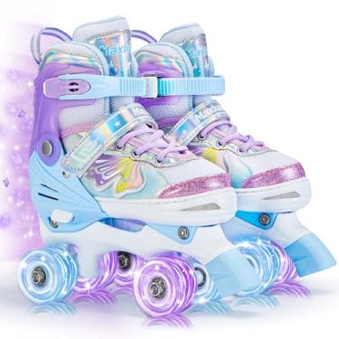 Imagem de Patins Butterfly 4 tamanhos ajustáveis para meninas de 5 a 8 anos, 6 a 12 anos, patins infantis com todas as rodas iluminadas para crianças, meninos, jovens, patins quádruplos para iniciantes para