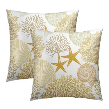 Imagem de Capas de almofada náuticas costeiras temáticas de verão 45,7 x 45,7 cm Conjunto de 2 fronhas amarelas de estrela do mar coral de algodão macio capas de almofada quadradas para decoração de sofá, pátio