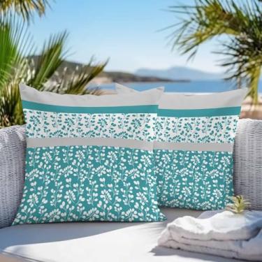Imagem de SELINGY Conjunto de 2 capas de almofada à prova d'água de folhas azul-petróleo 40,6 x 40,6 cm, fronhas decorativas de plantas de verão para decoração de pátio, jardim, varanda, sofá