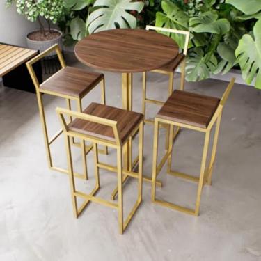 Imagem de Jogo Mesa Bistrô Redonda Imbuia 4 Banquetas Imbuia Confort Industrial Dourado
