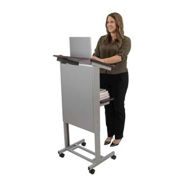 Imagem de Stand Up Desk Store – Suporte móvel com altura ajustável e moldura de aço resistente (moldura prateada/prateleiras de nogueira escura, 65 cm de largura)