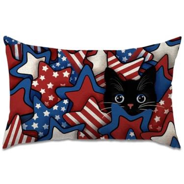Imagem de FUYUCHEN 4 de julho Dia da Independência capa de almofada gato 30,5 x 50,8 cm listras estrelas da América Patriótico Dia Memorial Day para decoração de sofá casa fazenda