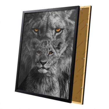 Imagem de Quadro Leão e Filhote Preto e Branco Moldura e Vidro - Complet Casa