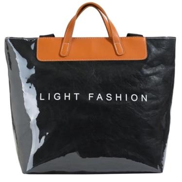 Imagem de Sacola de plástico para mulheres, sacola de praia transparente de PVC com alça de poliuretano, bolsa Hobo grande de papel kraft com letras impressas, Preto, One Size