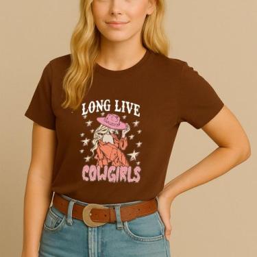 Imagem de T-shirt Algodão Feminina Estamp Cowgirl Mulher Estrela Chapéu Modinha 