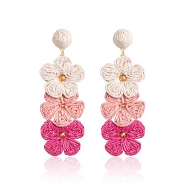 Imagem de YEATMUE Brincos de flor de ráfia de verão, rampa gradiente envolto em palha de ráfia, floral, primavera, praia, ratã, brinco feito à mão, para mulheres, joia com pingente boho - branco/rosa/azul, one
