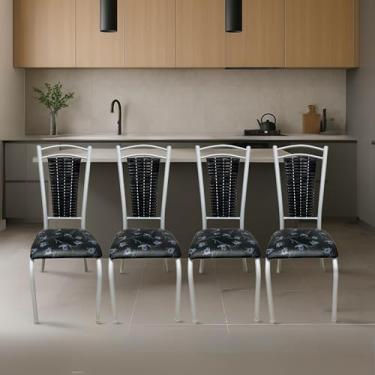 Imagem de Kit 4 Cadeira De Cozinha Tubular Branca Aço Estofada Encosto Junco Sala Mesa Jantar (Preto Florido)