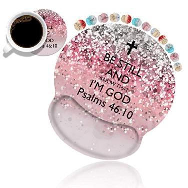 Imagem de Conjunto ergonômico de suporte de pulso e porta-copos, almofada de descanso de pulso com base de poliuretano antiderrapante para trabalhar em casa, estudar, fácil digitação e alívio da dor, rosa glitter versículo da Bíblia salmo 46:10