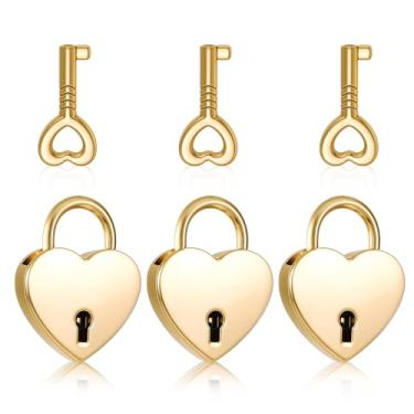 Imagem de YUXIANLB 3 peças mini cadeado em forma de coração com chave de substituição liga amor cadeado dourado pequeno metal bonito cadeado para caixa de armazenamento de joias, caixa de armazenamento, bolsa