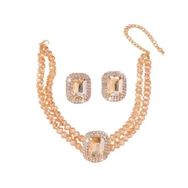 Imagem de Dtja Conjunto de colar e brinco de gargantilha retangular de cristal com 2 peças, joia de declaração para mulheres, brincos de zircônia cúbica para fantasia de baile de casamento, 38 cm, 5 cores