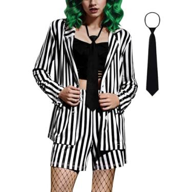 Imagem de ALIREVERIE Fantasia de Halloween feminina listrada, top e short preto e branco assustador bolso fantasia grande, Listras verticais, G