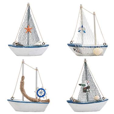 Imagem de Buygoo Pacote com 4 mini modelos de decoração de veleiro, conjunto de decoração de casa em miniatura de madeira, design náutico de praia, azul marinho e branco, para decoração de tema do oceano, 10 x 13 x 3 cm (4 designs diferentes)