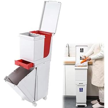 Imagem de Lata De Lixo De Classificação De Dupla Camada De Cozinha Lata De Lixo Tipo Push De Grande Capacidade Com Polias Com Tampa Lata De Lixo De Separação Seca E úmida Para Qua, Red