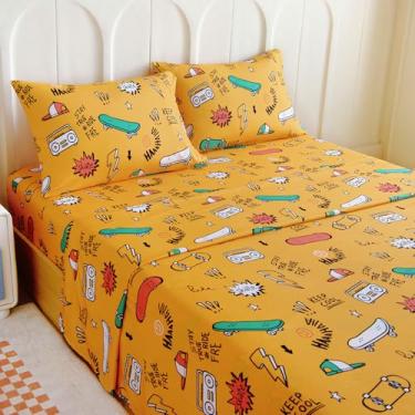 Imagem de Homilay Jogo de lençol completo infantil - Skating Rap 4 peças de microfibra macia estilo desenho animado para meninos meninas adolescentes, lençóis respiráveis com bolso profundo (Sunset Street)