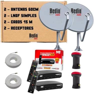 Imagem de Kit Antena Completo Bedin Sat Banda Ku 2 Antenas + 2 Cabos 15M + 2 Lnbf Simples + 2 Receptores